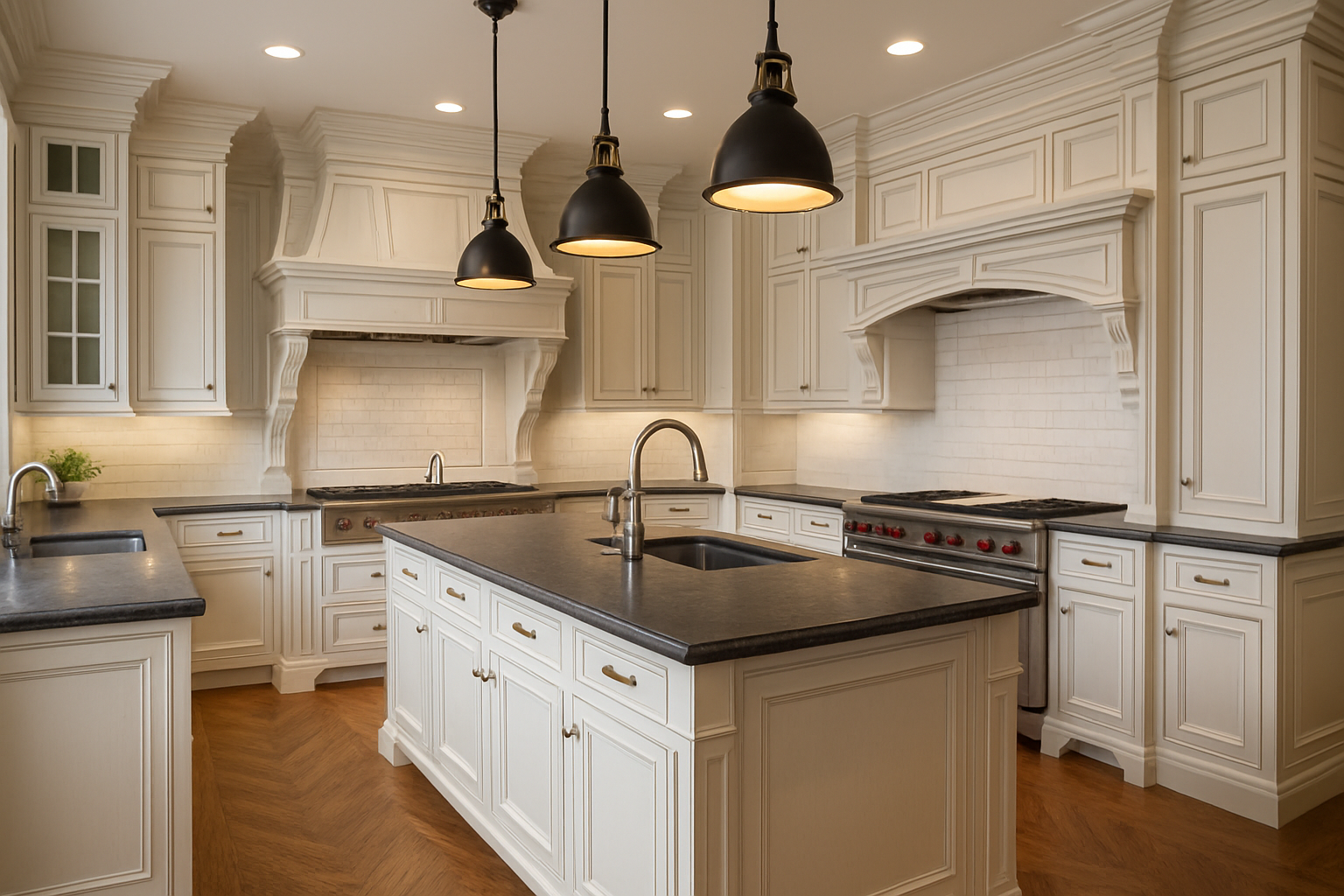 High-end kitchen renovation with detailed carpentry finishing