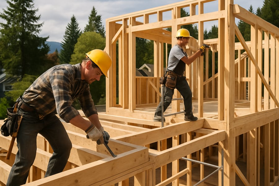 Skilled carpenters at work on a North Vancouver home construction project Skilled carpenters at work on a North Vancouver home construction project